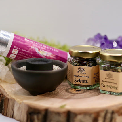 Beginner Räucher-Set „Elemente der Balance“ – Ton-Schale mit Kohle, Sand & 2 Räuchermischungen