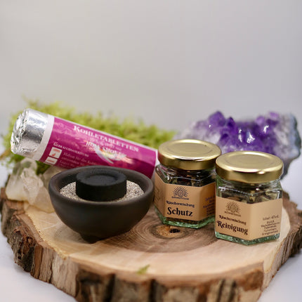 Beginner Räucher-Set „Elemente der Balance“ – Ton-Schale mit Kohle, Sand & 2 Räuchermischungen